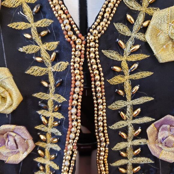 Indian Inspired Black Rayon 2-PC Set Foral Embroidered Jacket & Skirt SZ 20 - Picture 5 of 16